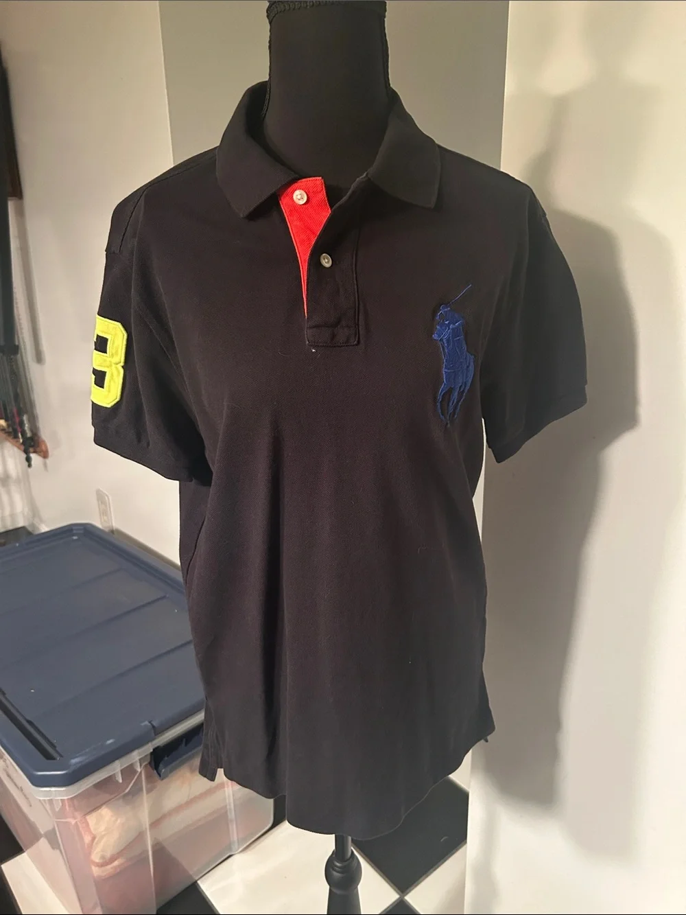 Ralph Lauren Black Polo with Red Inner Placket and Blue Pony